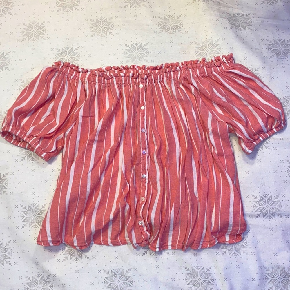 off-the-shoulder, coral and white striped, Forever 21 shirt